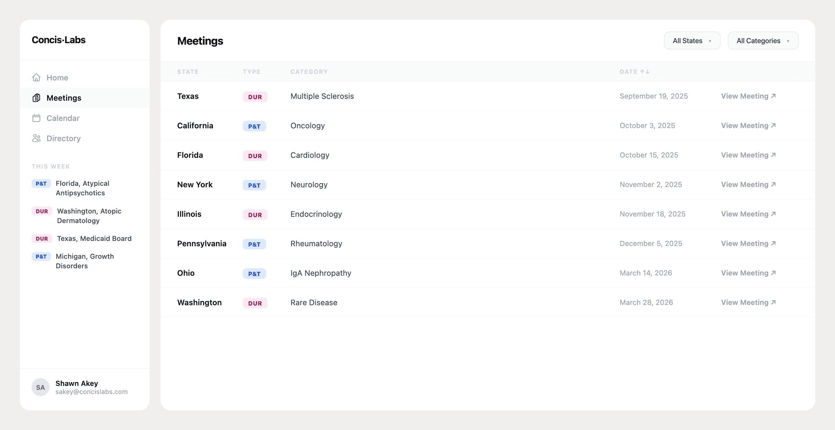 Concis Labs dashboard: Medicaid meeting intelligence, committee directory, and PA criteria comparison